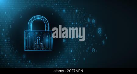 Futuristisches Sicherheitsschloss von einer Computerplatine. Leuchtender Binärcode auf dunkelblauem Hintergrund. Software. Vektorgrafik. EPS 10. Stock Vektor