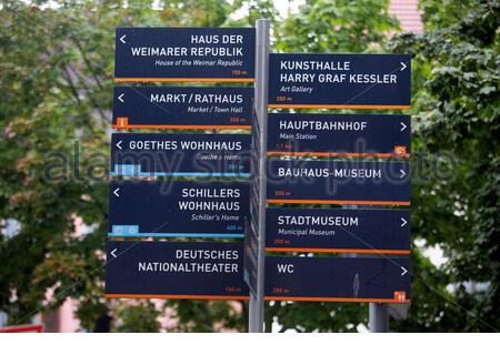 Ein deutschsprachiger Wegweiser in Weimar Deutschland zeigt Touristen in die Stadt, wo die sehenswerten Sehenswürdigkeiten zu finden sind. Stockfoto