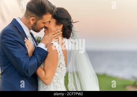 Seitenansicht des fröhlichen Bräutigams im eleganten Smoking Lifting Braut Im Hochzeitskleid, während Sie auf der tropischen grünen Küste in stehen Abends Stockfoto