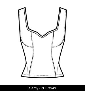 Oberteil im Korsett-Stil mit Panel-Design und technischer Fashion-Illustration mit Jewel-Ausschnitt, enger Passform, verdeckter Reißverschluss hinten. Flache Bekleidungsvorlage vorne, weiß. Frauen Männer Unisex Hemd CAD mockup Stock Vektor