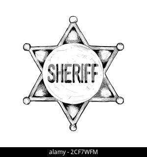 sheriff-Abzeichen für wild-West-Symbol Skizze handgezeichnete Illustration Isoliert mit weißem Hintergrund Stock Vektor