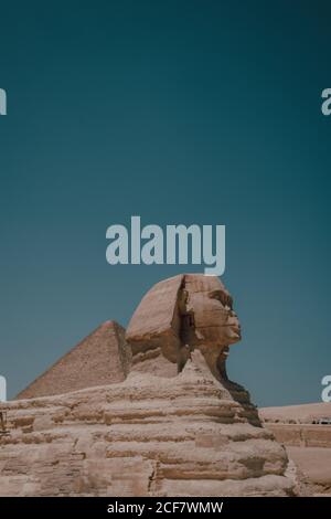 Blick auf die große Sphinx von Gizeh gegen wolkenlosen blauen Himmel am sonnigen Tag in Kairo, Ägypten Stockfoto