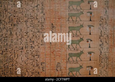 Kairo, Ägypten - April, 12 2019: Alte Wand mit Hieroglyphen in alten Grab bedeckt Stockfoto