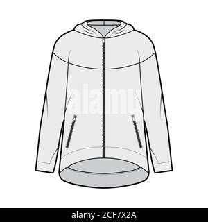 Reißverschluss Oversized Baumwoll-Fleece Hoodie technische Mode Illustration mit Reißverschluss Paspeltaschen, lockere Passform, lange Ärmel. Flache Jumper Schablone vorne grau Farbe. Damen, Herren, Unisex Sweatshirt TOP CAD Stock Vektor