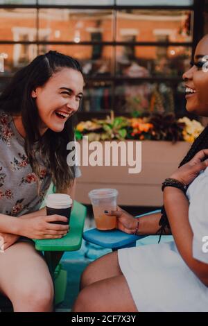 Von oben Seite Ansicht fröhlich multirassischen jungen beiläufigen Frauen sprechen Und Kaffee trinken, während Sie am lebhaften Tisch im Hipster sitzen Café Stockfoto