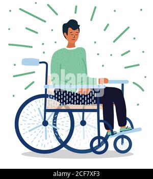 Cartoon junge Mann sitzen im Rollstuhl mit blauen Elementen und beige Rücken und Sitz. Schwarze Hose und grüner Pullover. Handgezeichneter Stil. Isoliert auf Weiß Stock Vektor