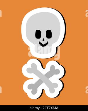 Niedliche Halloween Aufkleber von Scarry Tag Symbol. Lustige Cartoon ein lächelnder Schädel und Kreuzknochen auf einem orangen Hintergrund. Element von Halloween. Farbvektor Stock Vektor