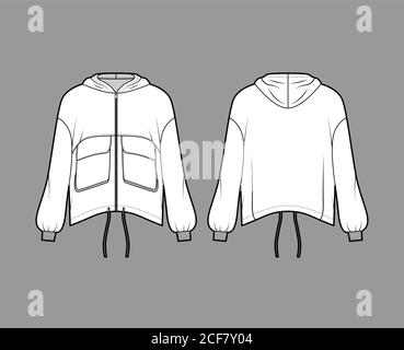 Kapuzenjacke mit Reißverschluss und Panel-Design, technische Mode-Illustration mit praktischen Pattentaschen, übergroßen, langen Ärmeln und Kordelzug am Saum. Flache Mantelschablone vorne, Rückseite weiß. Damen Herren Unisex TOP CAD Stock Vektor