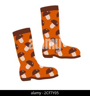 Herbst Gummistiefel mit einem Muster von Steinpilzen. Rote Schuhe mit einem Muster von Pilzen mit einem braunen Hut. Kuschelige Herbstillustration. Vektor Stock Vektor