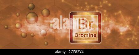 BR-Symbol. Brominechemisches Element mit Molekül und Netzwerk auf orangefarbenem Hintergrund Stockfoto