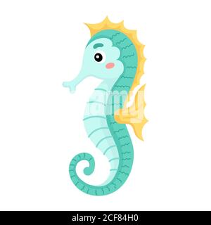 Niedliche lustige Seepferdchen-Druck auf weißem Hintergrund. Ocean Cartoon Tier Charakter für die Gestaltung von Album, Scrapbook, Grußkarte, Einladung, Wanddekoration. Stock Vektor