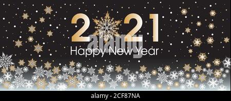 2021 Happy New Year Vorlage mit goldenen und weißen Schneeflocken und Sternen auf dem Hintergrund. Stock Vektor