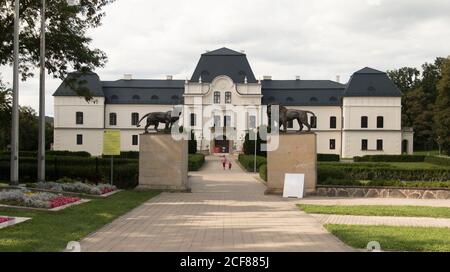 Das Tor des Humenne Vihorlat Museums zwei Löwen Könige darauf. Stockfoto