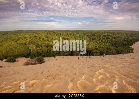 LA TESTE-DE-BUCH, FRANKREICH – 12. AUGUST 2017: Touristen klettern die Düne von Pilat, die höchste Sanddüne Europas Stockfoto