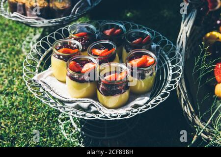Zusammensetzung von frischen leckeren Desserts mit Erdbeere serviert in dekoriert Glasgefäße auf runden Metallschale grünen Rasen in platziert Garten Stockfoto