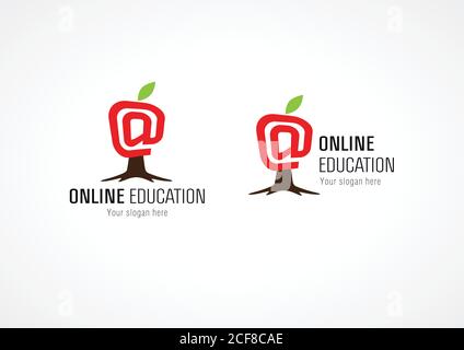 Online pädagogisches Logo Apfel wachsenden Baum. E-Mail an Symbol. Internet Schule oder Hochschule Vektor-Zeichen. Wachstum von Lernen und Technologien. Designvorlage Stock Vektor