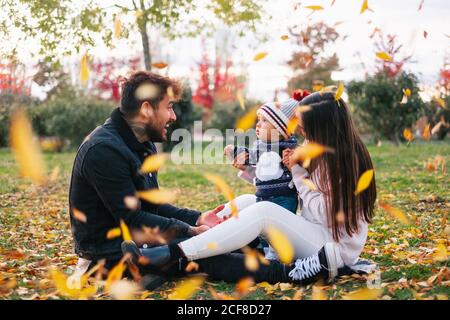 Seitenansicht von fröhlichem jungen Mann und Frau mit niedlichem kleinen Baby, das auf Gras sitzt und Spaß mit gelben Blättern hat, während man Zeit zusammen im Herbstpark verbringt Stockfoto