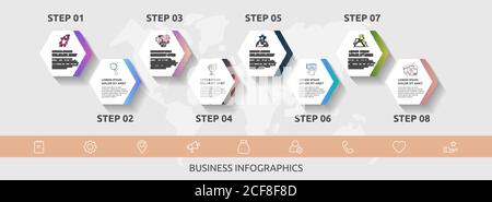 Vector Business Infografiken. Zeitleiste Modern mit 8 Sechsecken, Pfeile. Modernes Design für Flussdiagramm, Zeitleiste, Web, Grafik, Präsentation Stock Vektor
