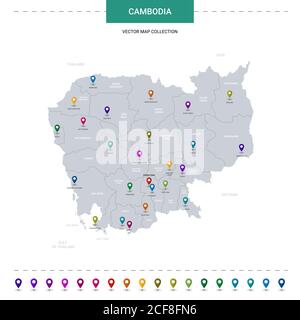 Kambodschanische Karte mit Positionsmarkierungen. Infografik Vektorvorlage, isoliert auf weißem Hintergrund. Stock Vektor