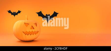 Halloween flache 3d Hintergrund. Orangefarbene Illustration für die Herbstfeier von halloween. Kürbis und Fledermäuse. 3D-Rendering. Stockfoto