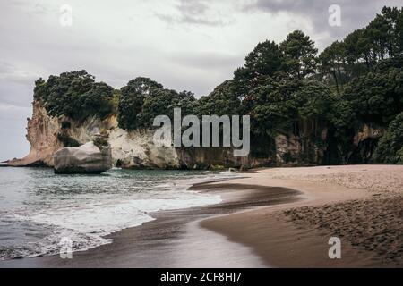 Landschaft mit Sandstrand und Meereswellen neben tropischen Klippen Bewachsen mit viel Grün an bewölkten Tag auf der Halbinsel Coromandel in Neuseeland Stockfoto