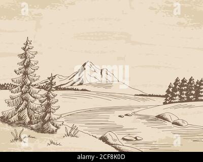 Mountain River Grafik Skizze Landschaft Illustration Vektor Stock Vektor