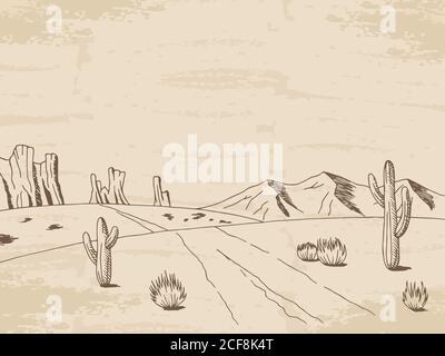 Prairie Road Grafik amerikanische Wüste Skizze Landschaft Illustration Vektor Stock Vektor