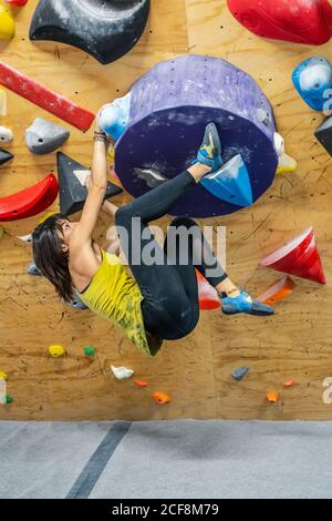 Starke junge schwarzhaarige weibliche Kletterin in aktiver Kleidung lächelnd Beim Aufhängen am großen Griff der Kletterwand im Fitnessstudio Stockfoto