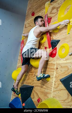 Aus der balgen Seitenansicht des starken männlichen Athleten in Sportbekleidung Klettern an der bunten Wand während des Trainings in modernen Kerl Stockfoto