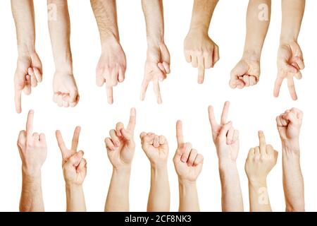 Viele Hände zeigen verschiedene Symbole mit ihren Fingern Stockfoto