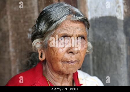 PANIYAN STAMM, Tribal Alte Frau Porträt in Chulliyod Dorf, Kottayil, Kerala, Indien Stockfoto