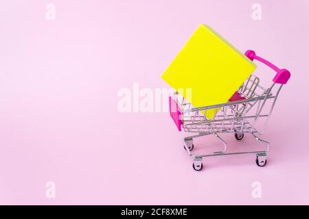 Shopping, Käufe, Supermarkt, Verkauf, Einkaufszentrum Konzept. Close up Spielzeug Metall Warenkorb mit Balg Box innen auf rosa Hintergrund. Großer Verkauf und Rabatt Stockfoto