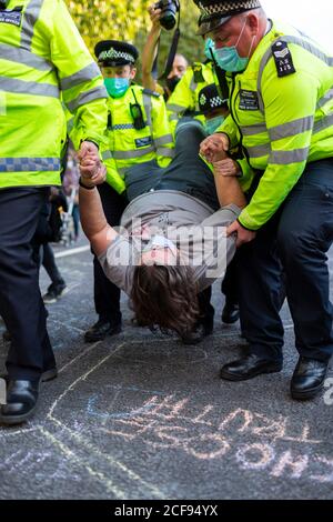 Der verhaftete Protestierende wird während der Extinction Rebellion Demonstration, Parliament Square, London, 1. September 2020, von der Polizei mitgenommen Stockfoto