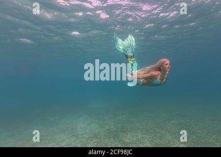 Schöne unbeschwerte junge Meerjungfrau mit blauem Fischschwanz schwimmen unter Wasser Tiefes helles Meer Stockfoto