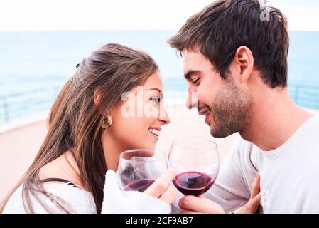 Fröhliche junge Paar in lässiger Kleidung Toasting mit Gläsern Rotwein, während Sie gemeinsam glückliche Momente genießen Stockfoto