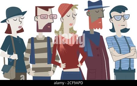Retro-Stil Illustration von mehreren jungen Menschen mit Hipster-Look, die ein Team bilden. Stock Vektor