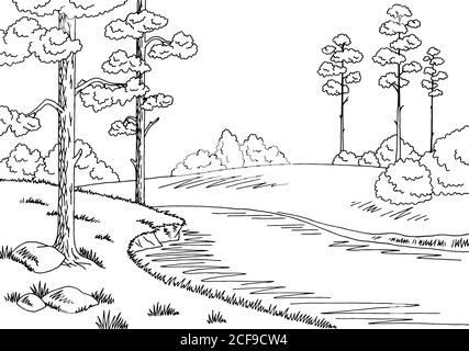 Wald Fluss Grafik schwarz weiß Landschaft Skizze Illustration Vektor Stock Vektor