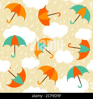 Herbstmuster mit bunten Regenschirmen und Regen. Nahtloser Vektorhintergrund. Stock Vektor