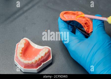 Von oben Rückansicht der Ernte männlichen Kieferorthopäden mit professionellen Ausrüstung während der Arbeit mit Dental Cast in modernen Labor Stockfoto