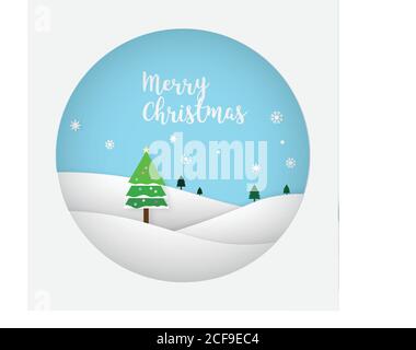 Frohe Weihnachten. Illustration von Kiefern auf den Hügeln und Schneeflocken. Vektorgrafik. Stock Vektor