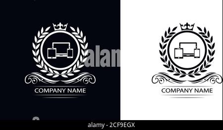 Smart-Geräte Logo Vorlage Luxus Royal Vektor Service Unternehmen. Telefon, Tablet, Laptop, Computer-Shop dekoratives Emblem mit Krone Stock Vektor