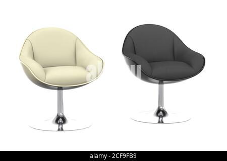 Zwei elegante Designer-Stühle aus Graphit und Ecru mit Chrom Metallbeine - isoliert auf Weiß - 3d-Rendering Stockfoto