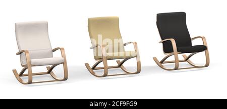 Drei Schaukelstühle in schwarz, beige und ecru auf weißem Hintergrund - 3d Render Stockfoto