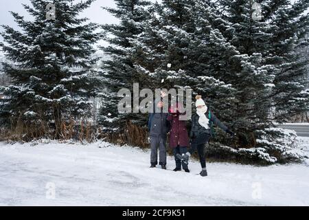 Familienmitglieder in warmen Kleidern spielen zusammen und werfen Schneebälle An einem Wintertag im Freien in Norwegen Stockfoto