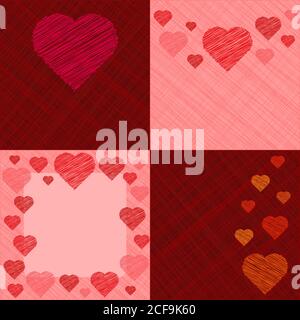 Set mit vier Valentinskarten mit Herzen im Skizzenstil. Vektorgrafik. Stock Vektor