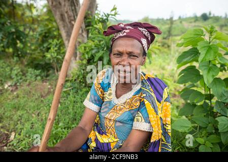 Ruanda, Afrika - 14. Dezember 2019: Afroamerikanerin, die in farbenfrohem Kleid die Stirn runzelte, in der Natur sitzend und auf die Kamera schaute Stockfoto