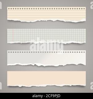 Gerissene farbige Papierstreifen. Realistische zerknitterte Papierfetzen mit abgerissenen Kanten. Linierte Fetzen von Notizbuchseiten. Vektorgrafik. Stock Vektor
