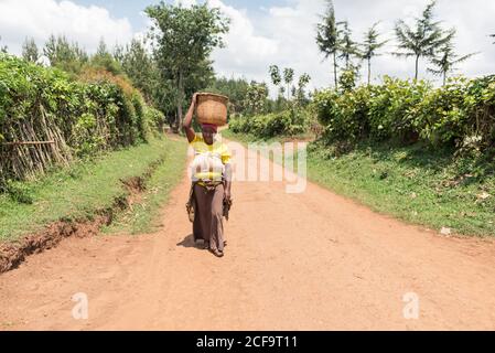 Uganda - November, 26 2016: Ganzkörper Senior African Lady Blick auf Kamera und Tragen Korb auf dem Kopf beim Gehen auf Feldweg Stockfoto
