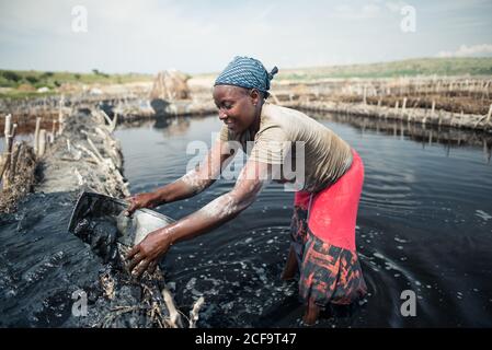 Uganda - 26. November 2016: Nachdenkliche lächelnde afrikanische Frau in lebhafter Freizeitkleidung, die schwarzen salzigen Schlamm konzentriert und abgebaut, während sie im dunklen Wasser steht und Metallwerkzeug auf der Salzfarm benutzt, gegen verschwommene Sicht auf Plantagen und klaren blauen Himmel an heißen Tagen Stockfoto