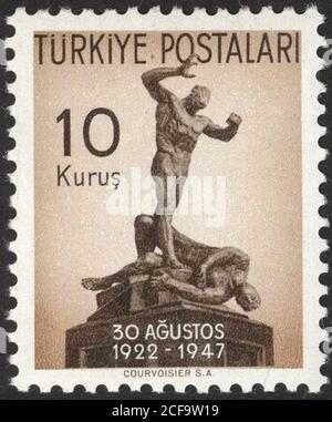 Republik Türkei. Republik Türkei Briefmarke. Republik Türkei historische Briefmarke. Eine Briefmarke gedruckt in der Republik Türkei. Stockfoto